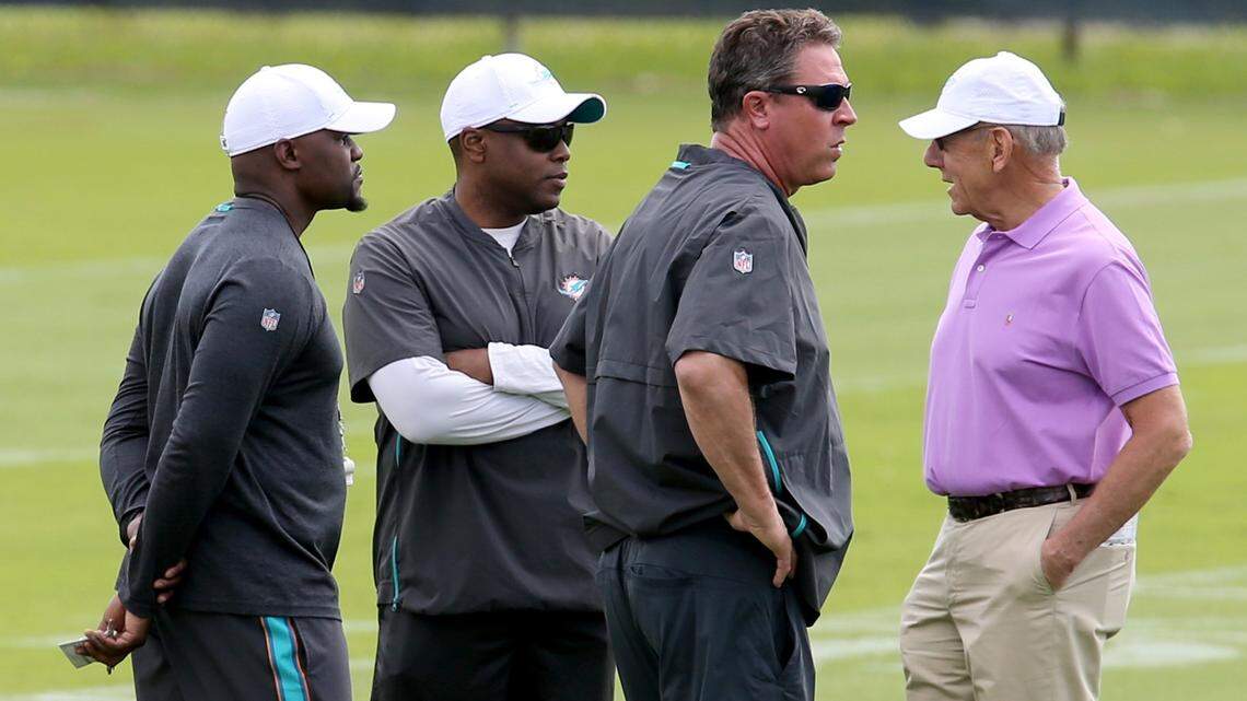 The Dolphins’ brain trust - from left to right, coach Brian Flores, general manager Chris Grier, special advisor and Hall of Fame quarterback Dan Marino and owner Stephen Ross.