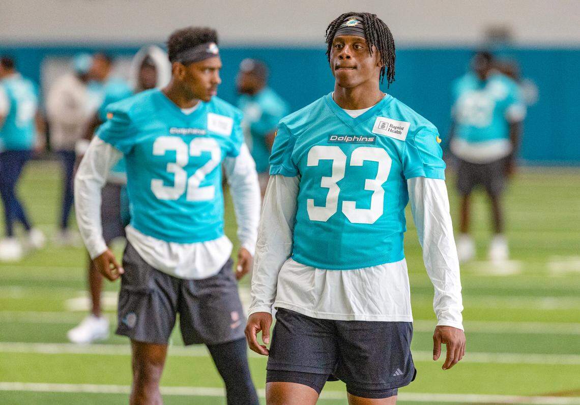Miami Dolphins cornerback Jason Marshall Jr. (33) prepares for drills during OTA’s “Organized Team Activities,” at the Baptist Health Training Complex in Miami Gardens, Florida, on Wednesday, May 28, 2025. 
