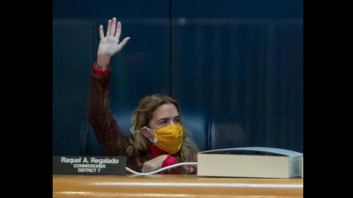 Miami-Dade commissioner Raquel Regalado votes on December 1, 2020, to make the appointment to fill the District 8 seat Mayor Daniella Levine Cava vacated to run for mayor in 2020 at a later date in order to give other interested individuals time to apply.