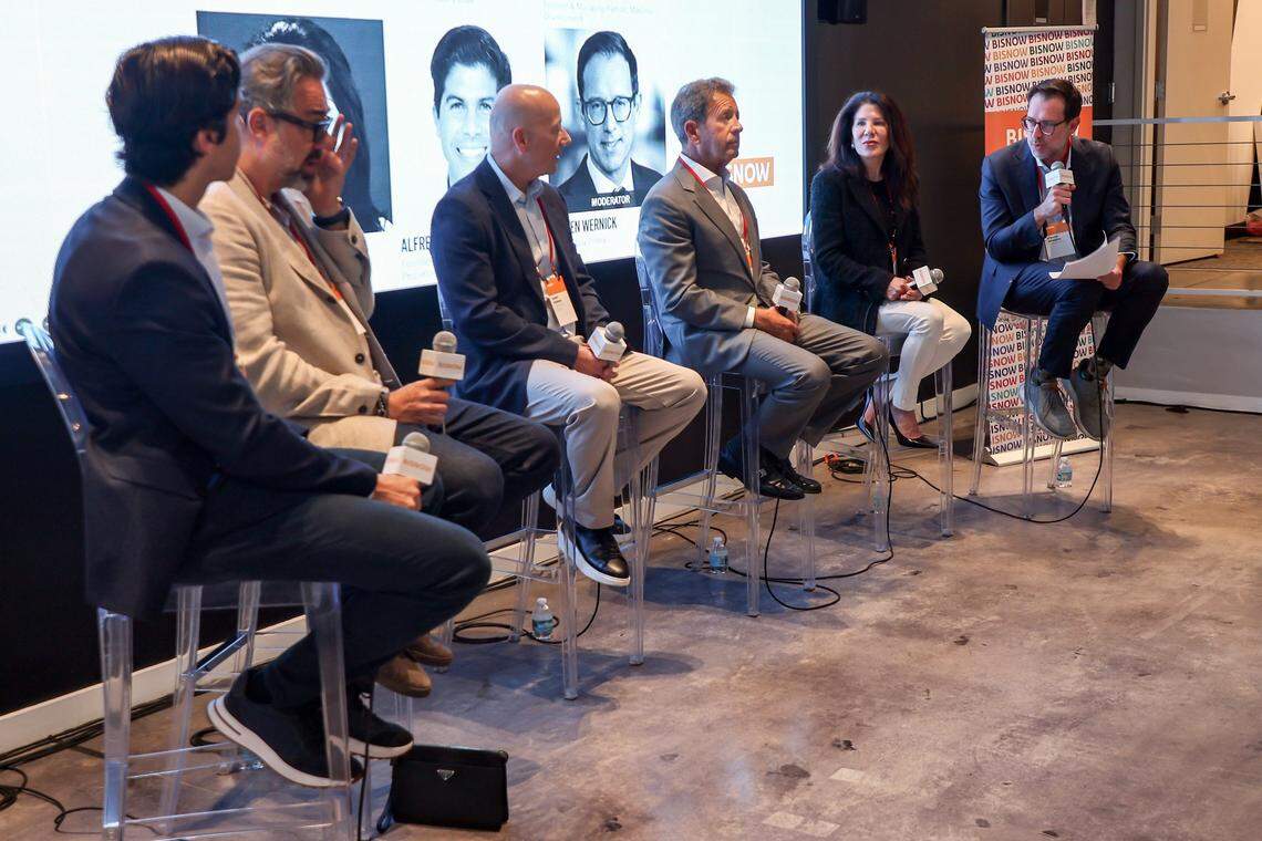 Alfredo Riascos, left, Gridline Properties, Doron Broman, Modern Development, Danny Fishman, GAIA Real Estate, Neil Fairman, Plaza Equity Partners, and Laura Tauber, TAUBCO, participate in the new development frontier panel moderated by Steven Wernick, Day Pitney.The Bisnow conference on the future of Little Haiti and Little River brought together developers, community leaders, business owners, and policymakers to discuss redevelopment, investment, and preservation in these rapidly changing neighborhoods. Panelists addressed topics including affordable housing, cultural preservation, economic opportunity, and the impact of new projects on longtime residents on Thursday, April 23, 2026, in Miami, Florida. 