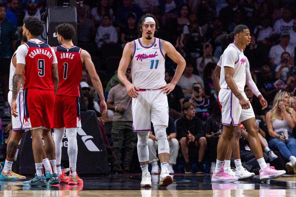 Miami Heat guard Jaime Jaquez Jr. (11) reacts during the second half of an NBA game against the Washington Wizards at Kaseya Center on April 13, 2025, in Miami.