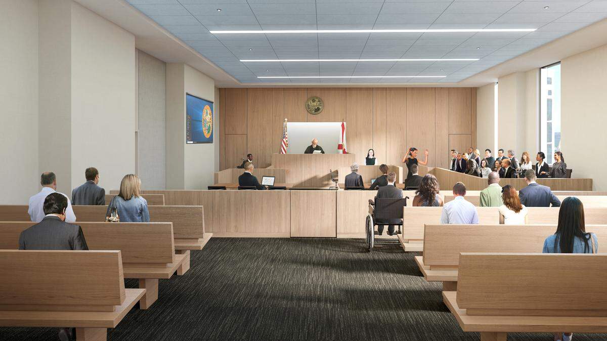 A rendering of a courtroom in the new Miami-Dade civil courthouse approved by county commissioners on Dec. 17, 2019. Construction is expected to start in February.