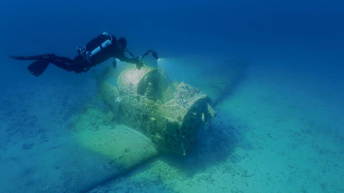 A diver swims above the wreckage of a U.S. Marine Corps Douglas AD-5 Skyraider plane sitting at the bottom of the ocean off Key Biscayne.