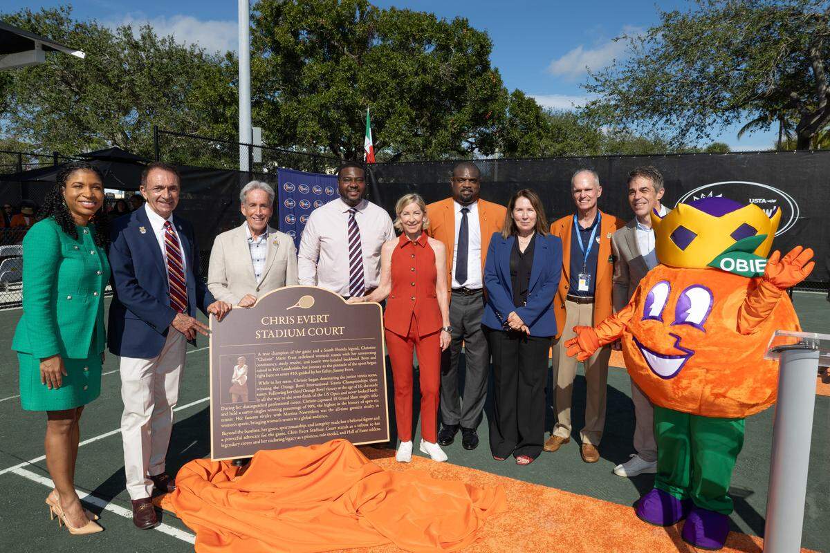 A plaque commemorating the Chris Evert Stadium Court during the Chris Evert court is unveiled during the Chris Evert Court Dedication Ceremony at the Orange Bowl at the Jimmy Evert Tennis Center on Monday, December 8, 2025 in Fort Lauderdale, Florida. (Photo by Robby Illanes/USTA)