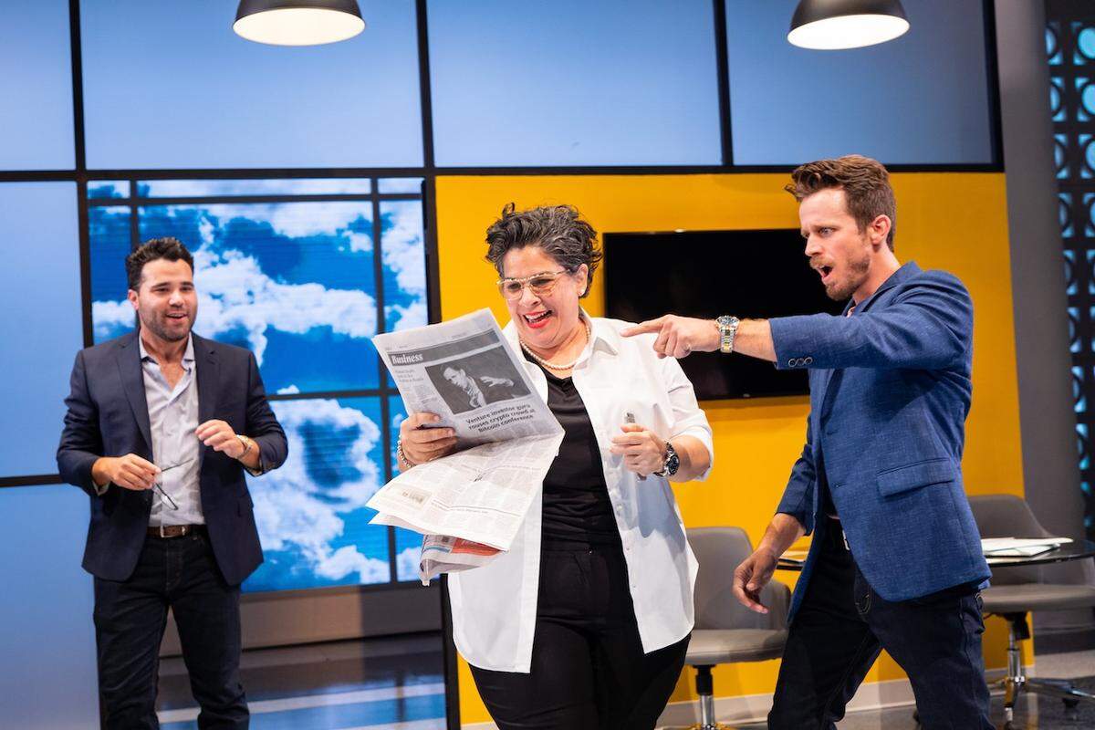 From left: Andhy Mendez, Carmen Pelaez and Kristian Bikic exult over an endorsement in the Miami New Drama world premiere of ‘The Cuban Vote.’