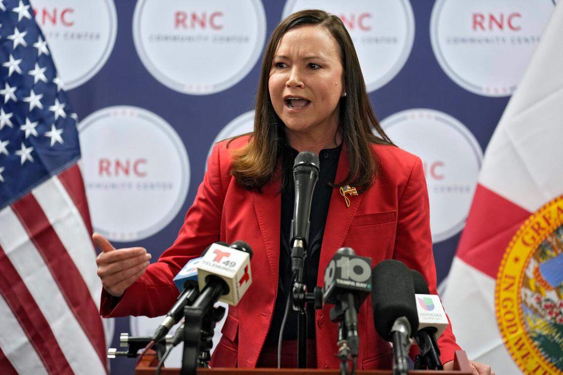 Florida Attorney General Ashley Moody speaks during a Get Out To Vote rally Tuesday, Oct. 18, 2022, in Tampa, Florida.