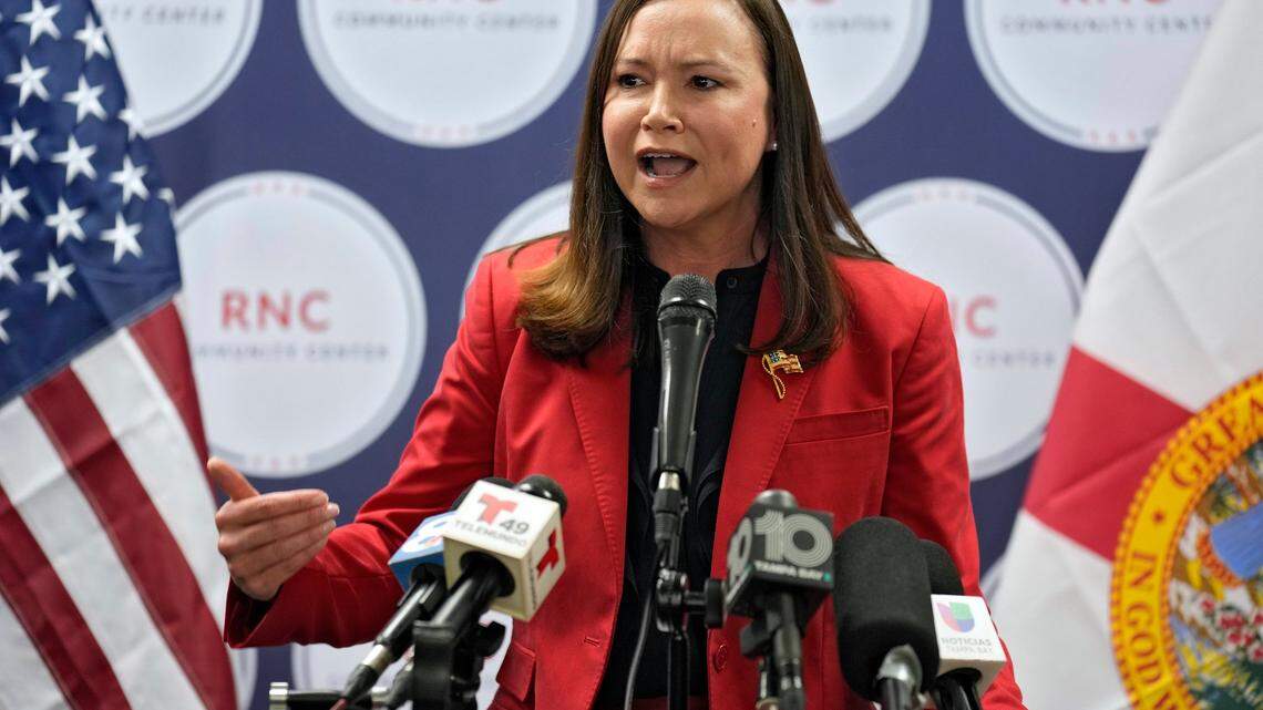 Florida Attorney General Ashley Moody speaks during a Get Out To Vote rally Tuesday, Oct. 18, 2022, in Tampa, Fla. (AP Photo/Chris O’Meara)