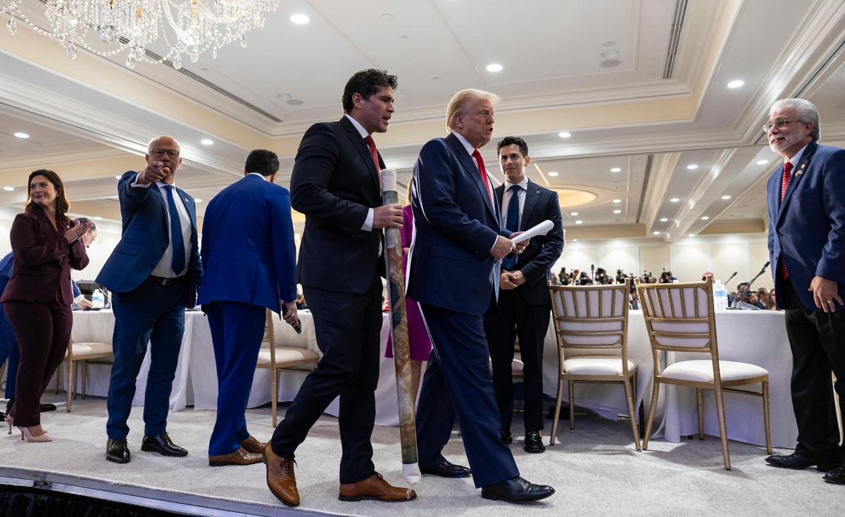 Republican presidential candidate and former President Donald Trump leaves a roundtable discussion with local Latino leaders at Trump National Doral Miami on Tuesday, Oct. 22, 2024, in Doral, Fla.