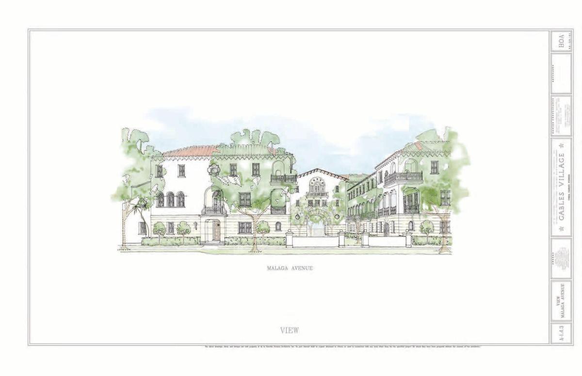 Una representación arquitectónica muestra los detalles de una urbanización de lujo que sustituirá a 13 pequeños edificios de apartamentos y dúplex asequibles y antiguos en una manzana de Coral Gables. Decenas de residentes en 52 apartamentos serán desplazados. La manzana está delimitada por Malaga Avenue y Santander Avenue al norte y al sur, y por Segovia Street y Hernando Street al oeste y al este.