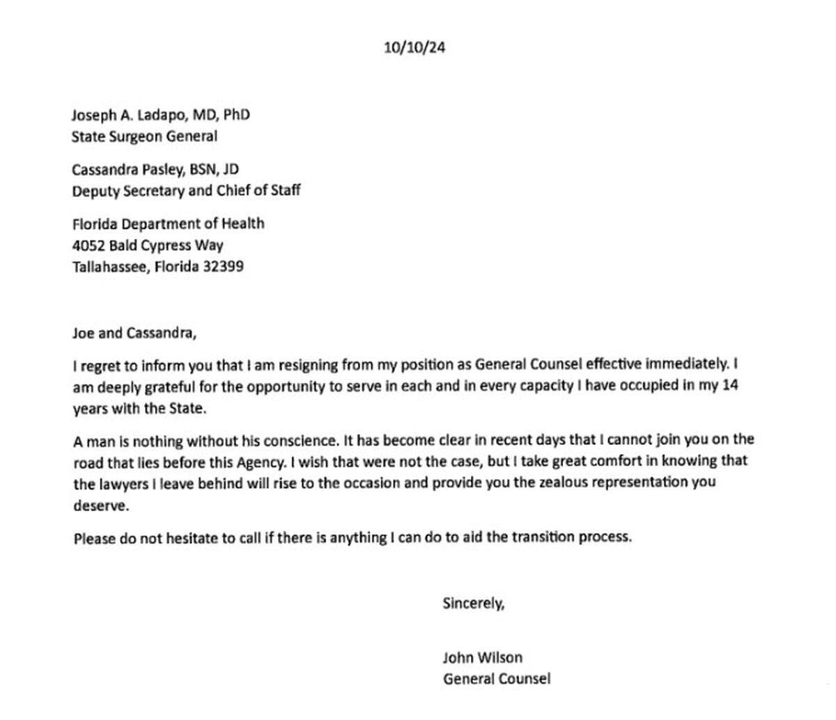 Resignation letter by John Wilson, then-general counsel to the Florida Department of Health.