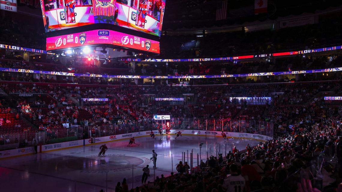 Florida Panthers skate onto the ice before the first period of a game against the Tampa Bay Lightning on Monday, March 3, 2025, at Amerant Bank Arena in Sunrise, Fla.