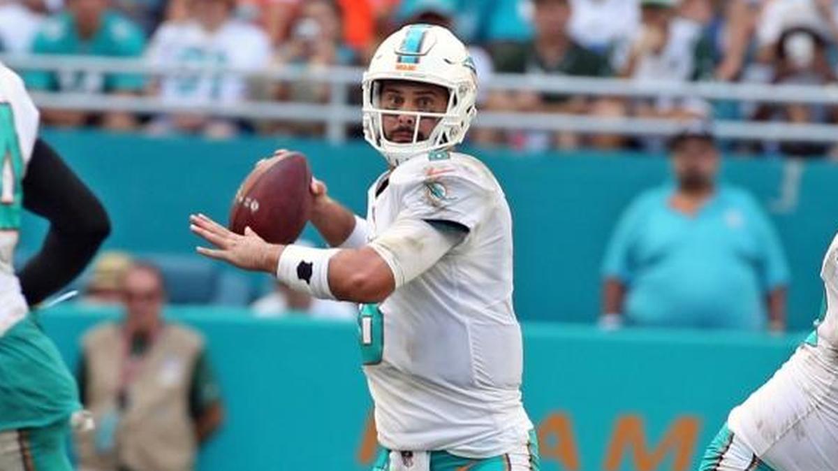 Miami Dolphins quarterback Matt Moore (8) in the third quarter as they play the New York Jets at Hard Rock Stadium in Miami Gardens, Florida, October 22, 2017.