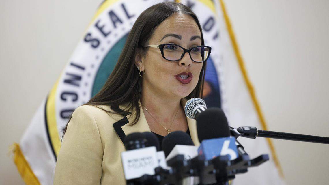 Hialeah Mayor Jacqueline Garcia-Roves speaks during a press conference about her proposal to lower property taxes for residents on Tuesday, Aug. 26, 2025, at Villa Aida Adult Center in Hialeah, Fla. 