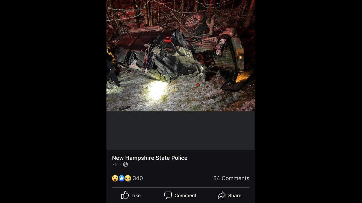 The badly damaged truck following a crash in Vermont, according to New Hampshire state police.