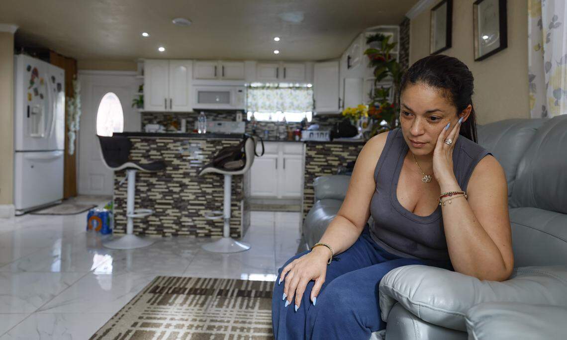 Awilda Suriel, 43, contemplates on her future with three children and partner when she is evicted along with more than 200 families living in Little Havana's Silver Court Mobile Home Park. The evictions are raising concerns about displacement and the impact on their lives in Miami, Florida, on Friday, April 17, 2026.