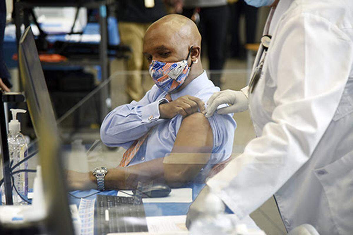 Dr. Leon L. Haley Jr., the CEO of UF Health Jacksonville and the dean of the University of Florida College of Medicine in Jacksonville was one of the first healthcare workers to get the Pfizer COVID-19 vaccine in Florida Monday.