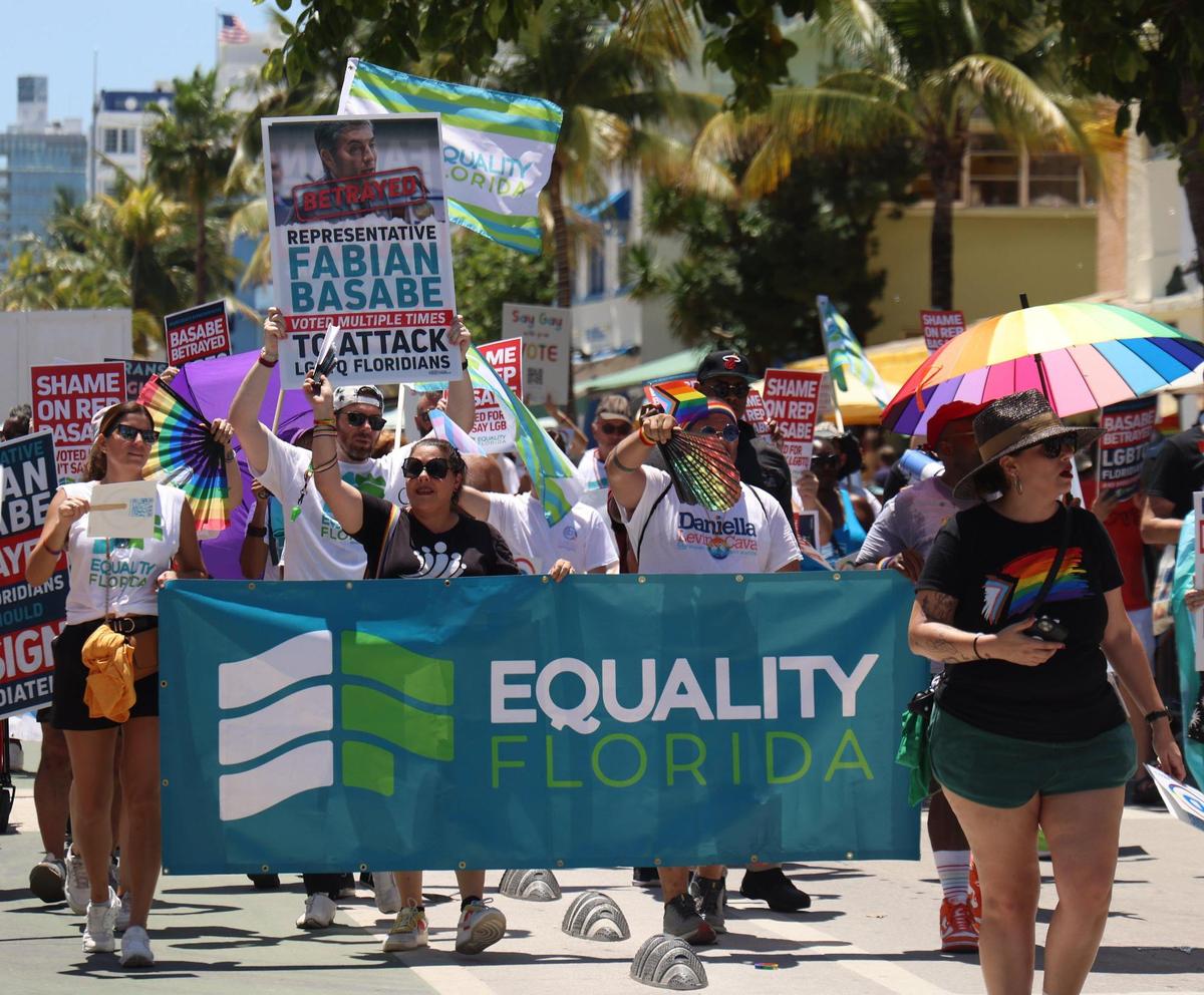 On Sunday, April 16, 2023, companies, municipal, local, and LGBTQ+ organizations parade north on Ocean Drive during the Miami Beach Pride parade in light of the anti-LGBTQ+ bills in the Florida legislature this year.