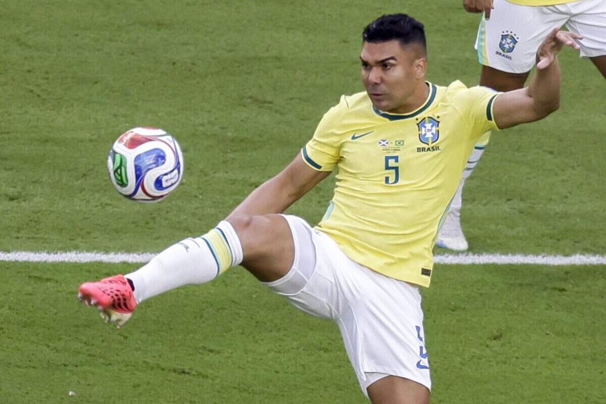 Brazil midfielder Casemiro (5) kicks in the first half of their World Cup Group C soccer match against Scotland at Hard Rock Stadium (Miami Stadium) on Wednesday, June 24, 2026, in Miami Gardens, Fla.