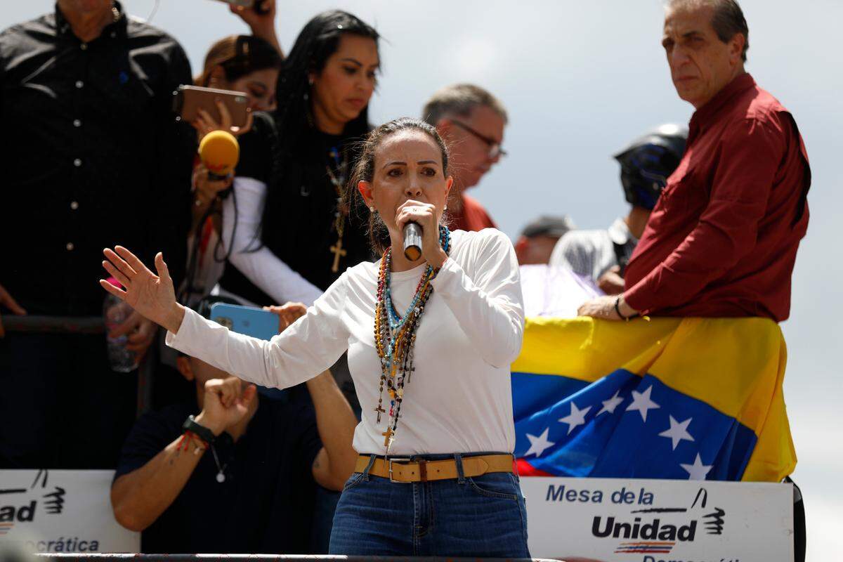 Venezuelan opposition leader Maria Corina Machado speaks on Aug. 17 in Caracas during a rally against the official election results that declared Nicolas Maduro the winner of the presidential election.