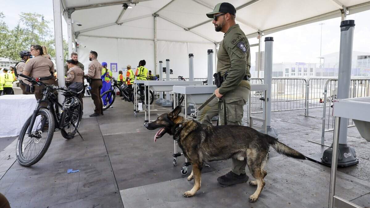 Police security stand watch before the opening of the gates for Uruguay against Saudi Arabia FIFA World Cup opening match at Miami Stadium on Monday, June 15, 2026.