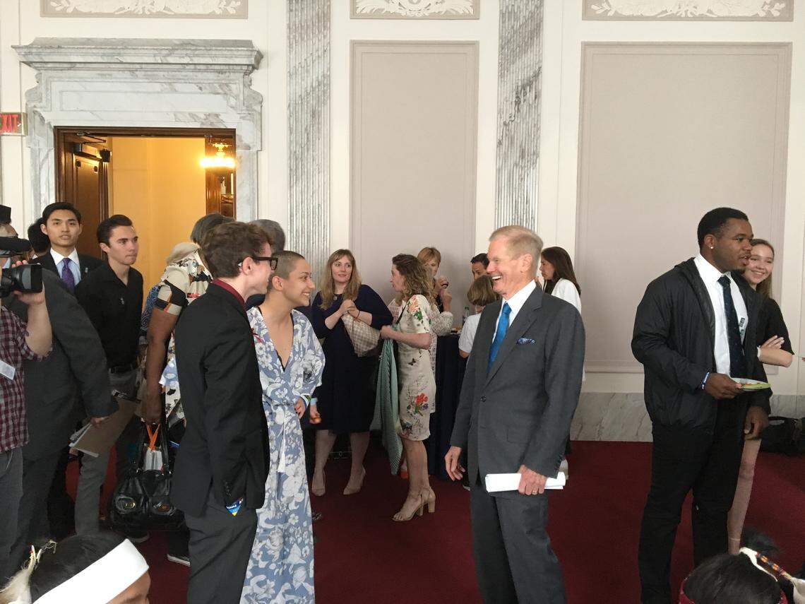 Sen. Bill Nelson speaks with March For Our Lives organizer Emma Gonzalez on Tuesday, June 5, in Washington.
