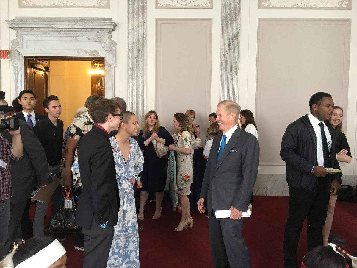 Sen. Bill Nelson speaks with March For Our Lives organizer Emma Gonzalez on Tuesday, June 5, in Washington.
