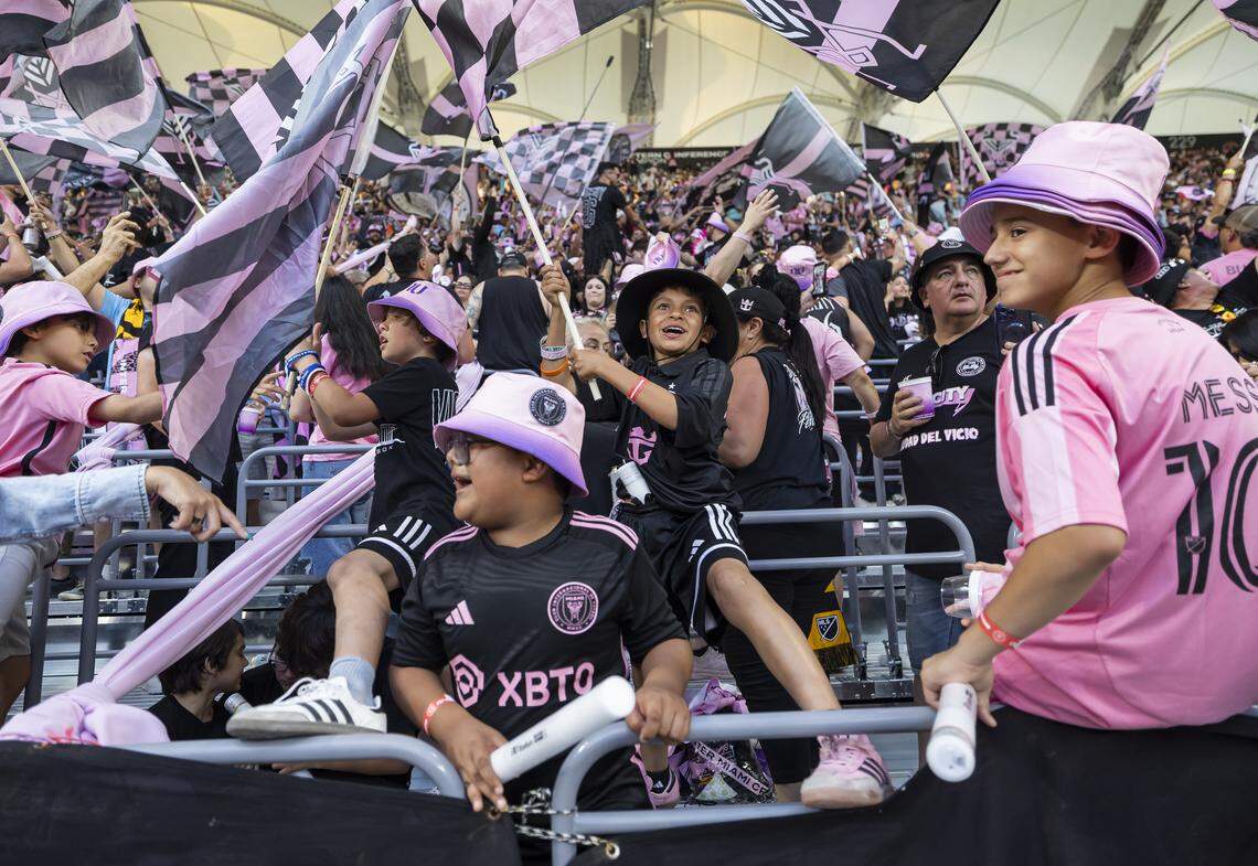 Inter Miami CF fans cheer for their team before they play their MLS match against Austin FC at Nu Stadium in Miami Freedom Park on Saturday, April 4, 2026, in Miami, Fla.