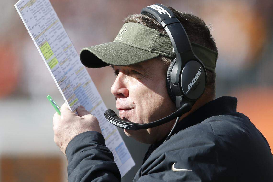 New Orleans Saints head coach Sean Payton works the sidelines in the first half of an NFL football game against the Cincinnati Bengals, Sunday, Nov. 11, 2018, in Cincinnati.