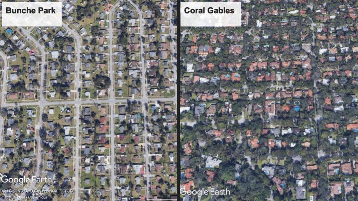 Google Earth images of Bunche Park and Coral Gables show the difference in trees throughout each community.