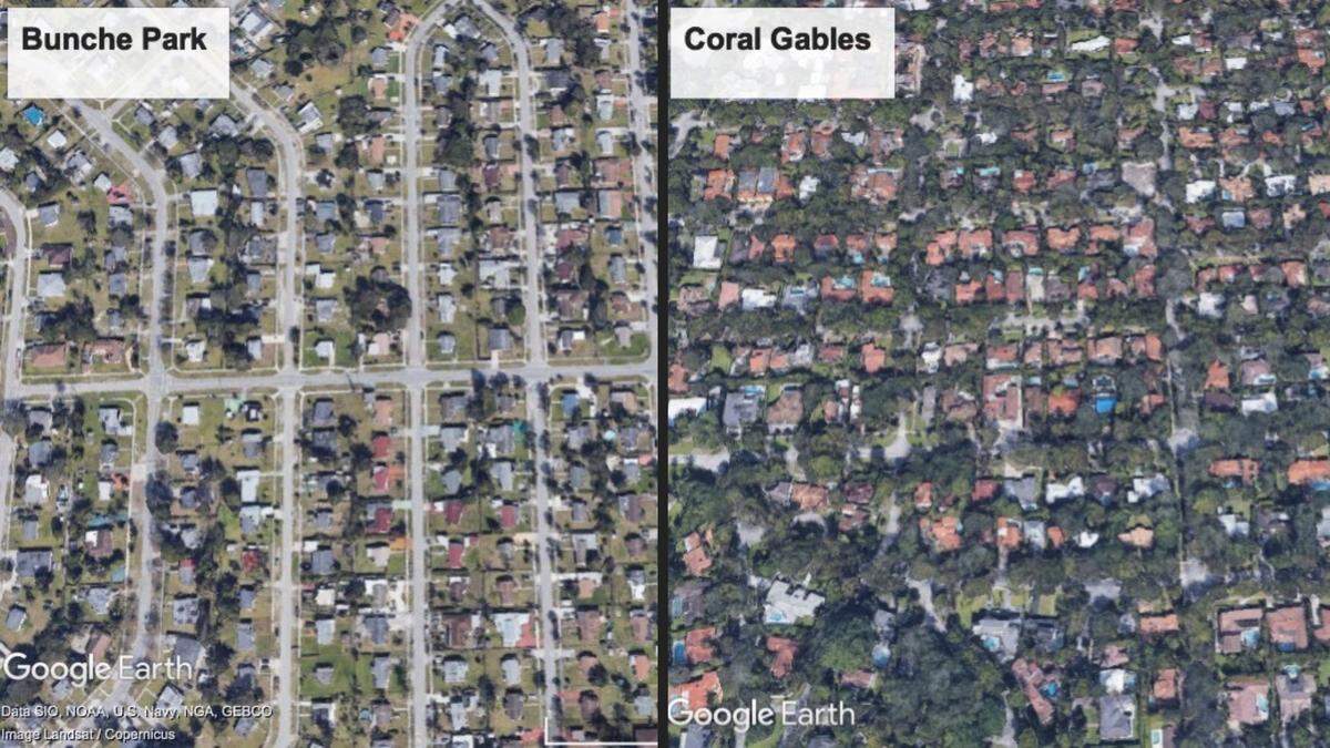 Las imágenes de Google Earth de Bunche Park y Coral Gables muestran la diferencia en los árboles de cada comunidad.