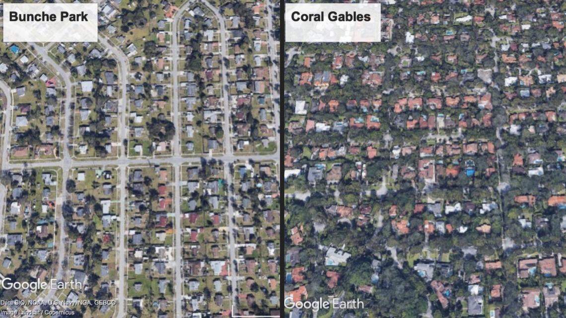Google Earth images of Bunche Park and Coral Gables show the difference in trees throughout each community.