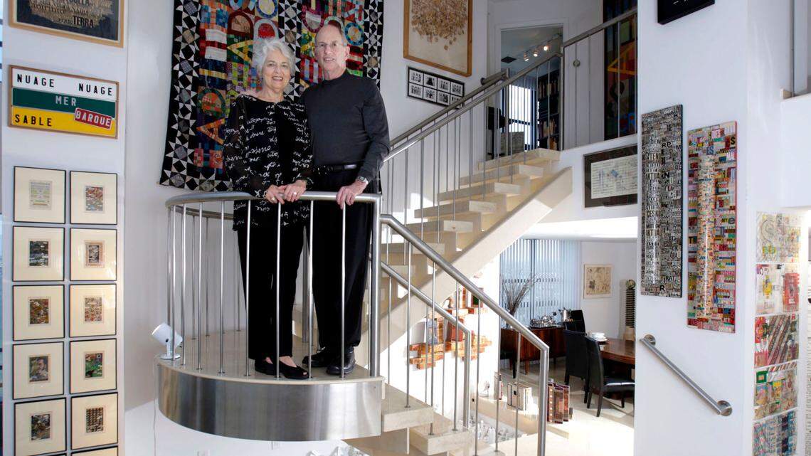 Art collectors Ruth and Marvin Sackner in their living room surrounded by their collection in 2008 after moving from their Miami Beach home to a Biscayne Bay condo.