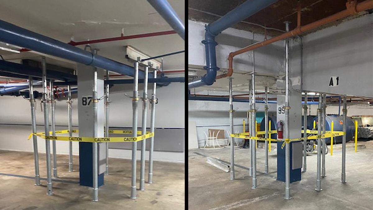 Shoring is visible around at least 11 columns at Champlain Towers North, sister building to the Champlain Towers South condo that collapsed in June 2021.