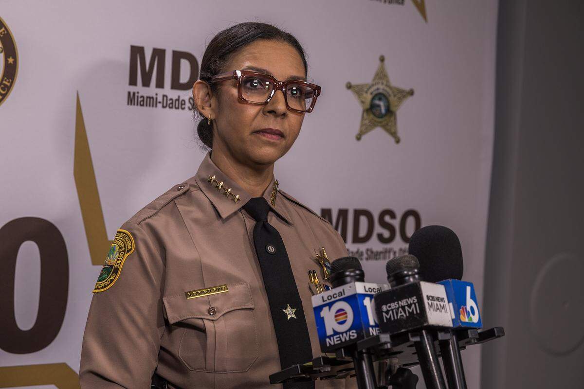 Miami-Dade Sheriff Rosie Cordero-Stutz speaks during a press conference at the Sheriff Office headquarters in Doral, about the death of Miami-Dade Deputy Devin Jaramillo, who was shot and killed as he responded to a traffic accident, on Saturday November 8, 2025.