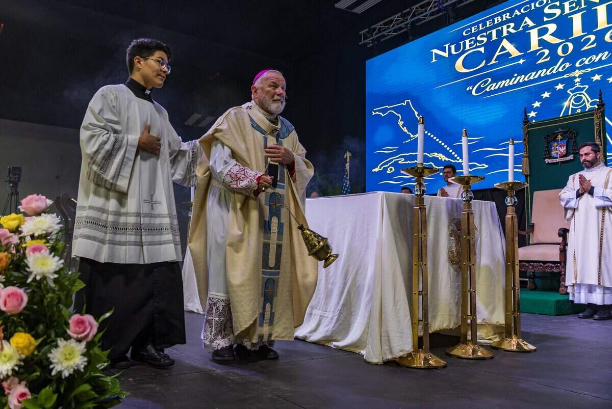 Reverend Thomas Wenski, Archbishop of Miami presides during the celebration of a Solemn Mass celebrating the 65th Anniversary of the Arrival of the Image of Our Lady of Charity in Miami, celebrated at the Miami-Dade Fair & Exposition, in West Miami, on Tuesday September 08, 2026.