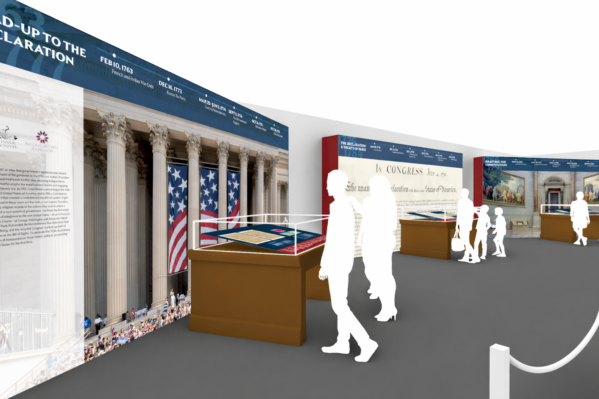 A rendering of “Freedom Plane National Tour: Documents That Forged a Nation,” a traveling exhibition featuring artifacts from the founding of the United States on loan from the National Archives in Washington, D.C. The exhibition will be on view at the Museum of Miami this summer.
