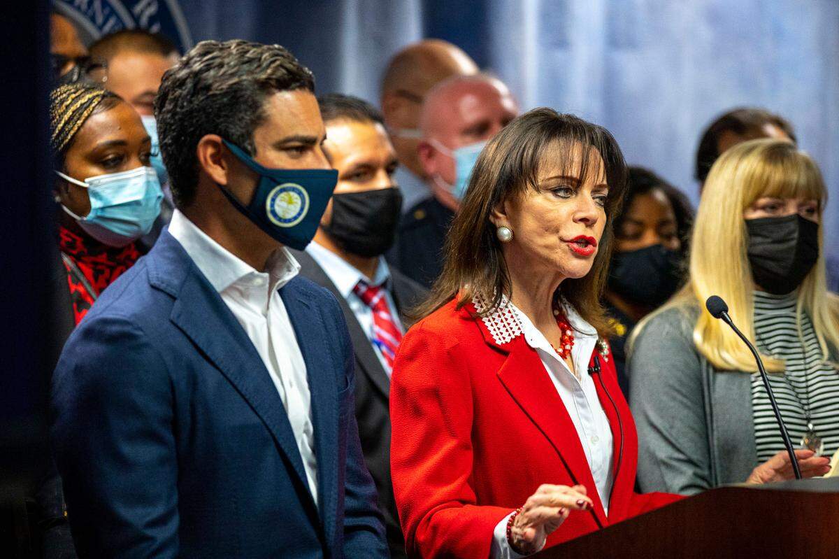 State Attorney Katherine Fernandez Rundle explains to the media the details of the arrest leading to the charging of real estate agent Willy Maceo with two murders of homeless men in the city, during a press conference at the State Attorney’s office in Miami, Florida, on Friday, February 4, 2022.