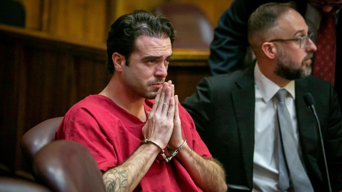 Pablo Lyle tries to regain his composure after reading a statement in court apologizing to the Hernandez family during his sentencing Friday, Feb. 3, 2023, in Miami Dade Criminal Court. Pablo Lyle killed 63-year-old Juan Ricardo Hernandez during a road rage incident in 2019 and was convicted of manslaughter last October 2022.