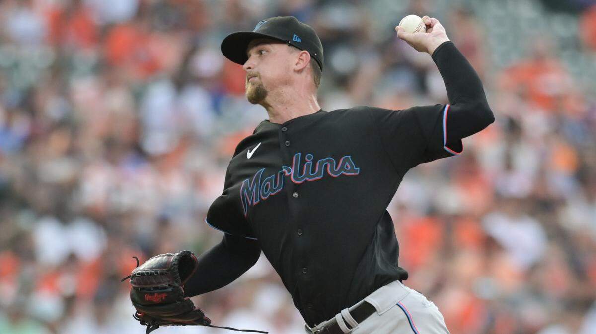 Jul 15, 2023; Baltimore, Maryland, USA; Miami Marlins starting pitcher Braxton Garrett (29) throws a first inning pitch against the Baltimore Orioles at Oriole Park at Camden Yards. Mandatory Credit: Tommy Gilligan-USA TODAY Sports