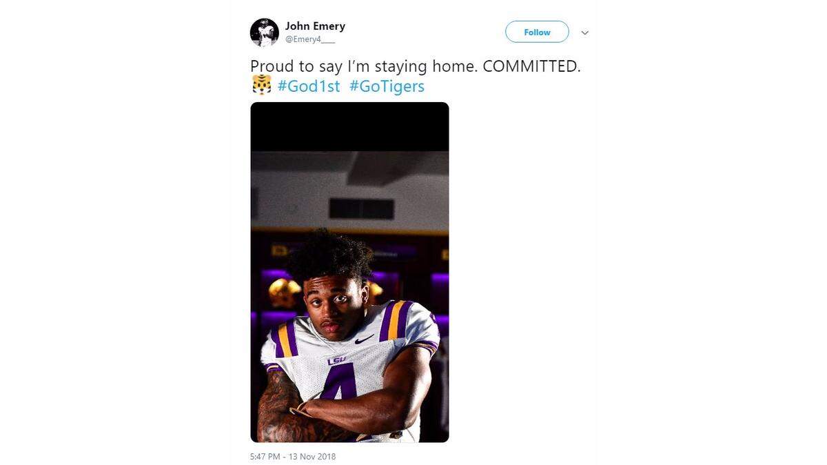 John Emery Jr., one of the nation’s top running back recruits, chose to stay in-state by committing to LSU on Tuesday night. He decommitted from Georgia in October.