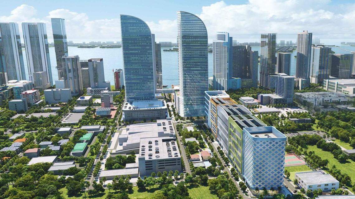A rendering of the development being proposed by Braman Motors to expand its longtime campus near Wynwood. Braman hopes to build two 60-story residential towers and an 11-story automotive building.