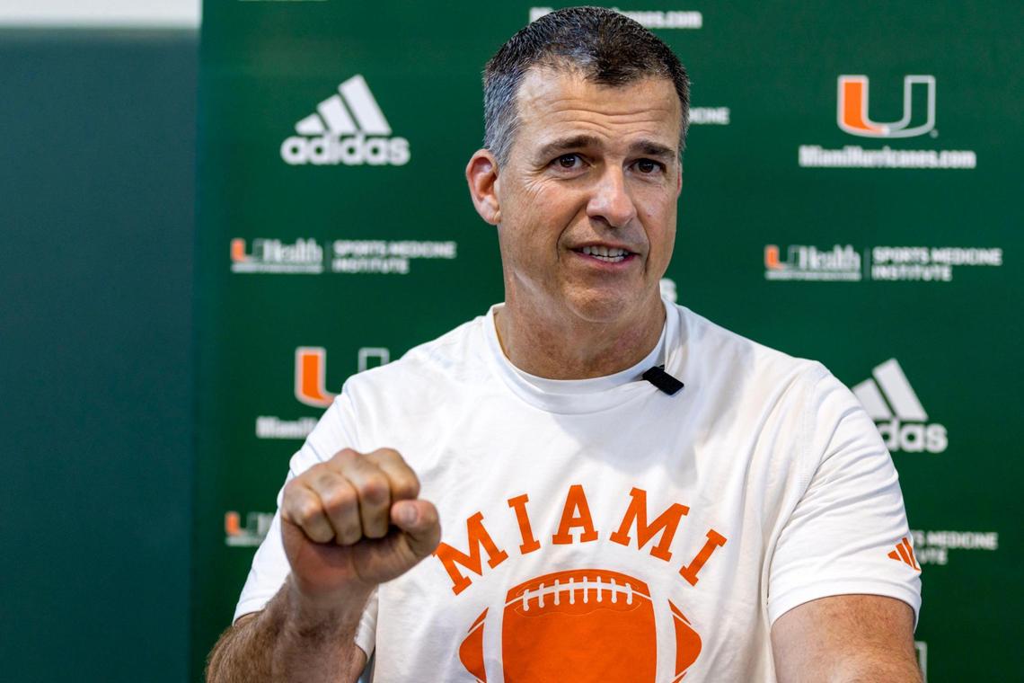 Miami Hurricanes Head Coach Mario Cristobal speaks to the press during media availability after spring football practice at the University of Miami’s Greentree Practice Field in Coral Gables, Florida, on Tuesday, March 28, 2023.