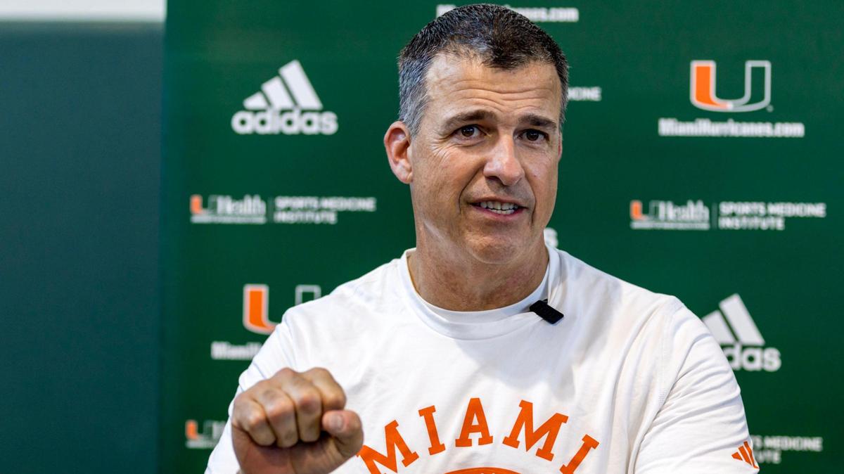 Miami Hurricanes Head Coach Mario Cristobal speaks to the press during media availability after spring football practice at the University of Miami’s Greentree Practice Field in Coral Gables, Florida, on Tuesday, March 28, 2023.