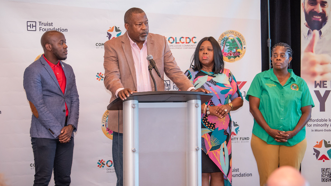 Miami Gardens Council Member Robert Stephens III (left), Miami Gardens Mayor Rodney Harris (second from left), Miami Gardens Council Members Katrina Wilson (second from right) and Shannon Campbell (right)
