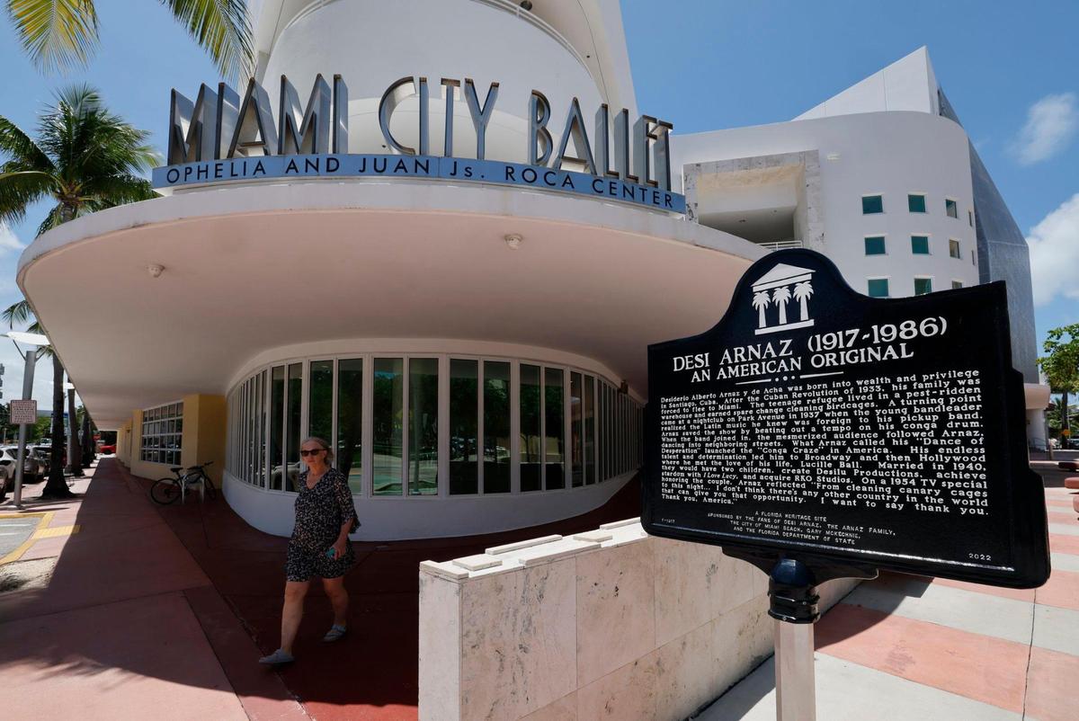 A street marker dedicated to Desi Arnaz as a Florida Heritage Site is seen in front of the Miami City Ballet in Miami Beach, Florida on Wednesday, June 18, 2025.