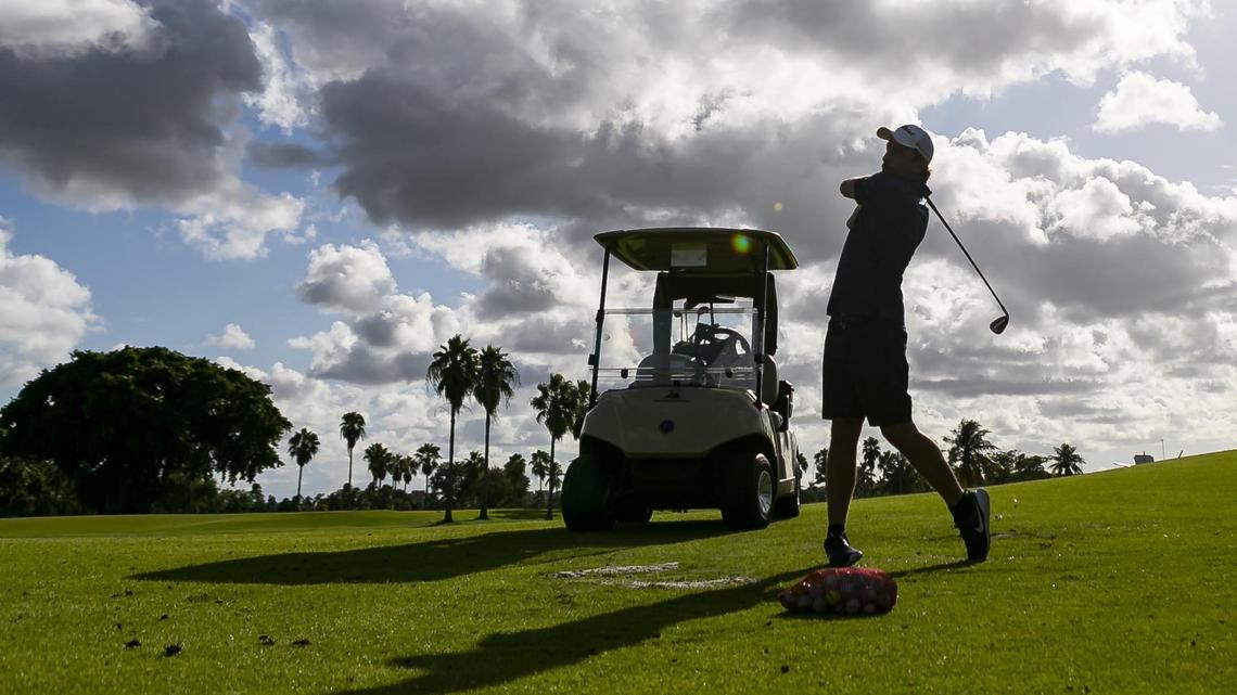 Alejandro La Corte, 33, golfs while visiting the International Links Melreese Country Club in August 2019, shortly before Miami city officials closed the golf course following concerns over contamination.