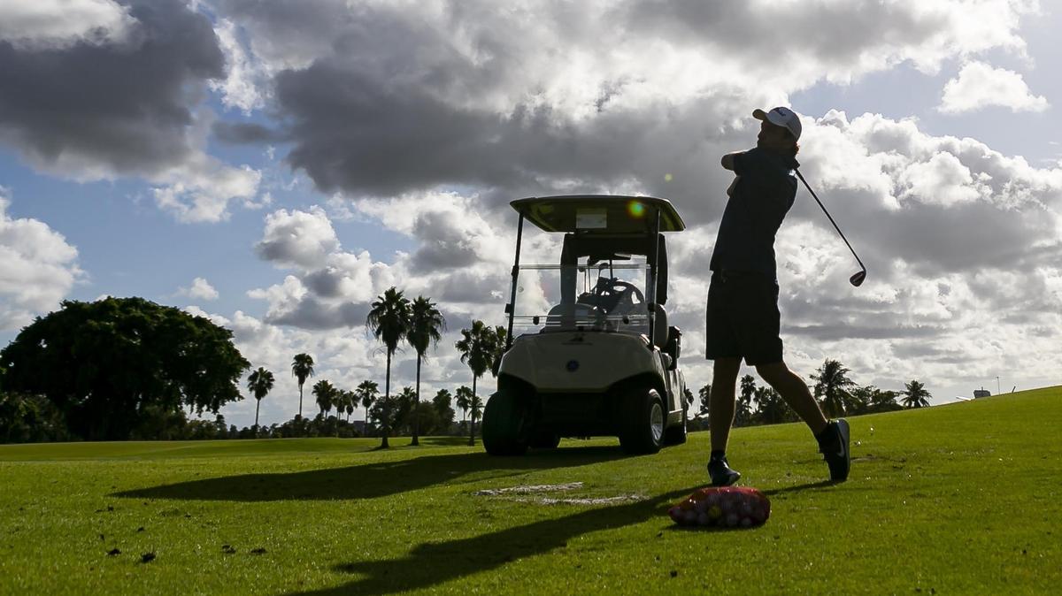 Alejandro La Corte, 33, golfs while visiting the International Links Melreese Country Club in August 2019.