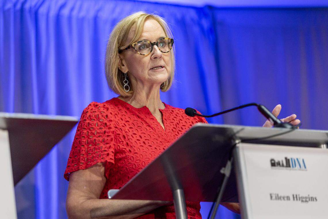 Miami-Dade Commissioner Eileen Higgins speaks during a City of Miami mayoral debate hosted by the Downtown Neighbors Alliance at Hyatt Regency Miami on Tuesday, September 30, 2025, in Miami, Fla. Other candidates in attendance included Miami Commissioner Joe Carollo, former Commissioners Ken Russell and Alex Díaz de la Portilla, former Mayor Xavier Suarez and former City Manager Emilio T. Gonzalez.