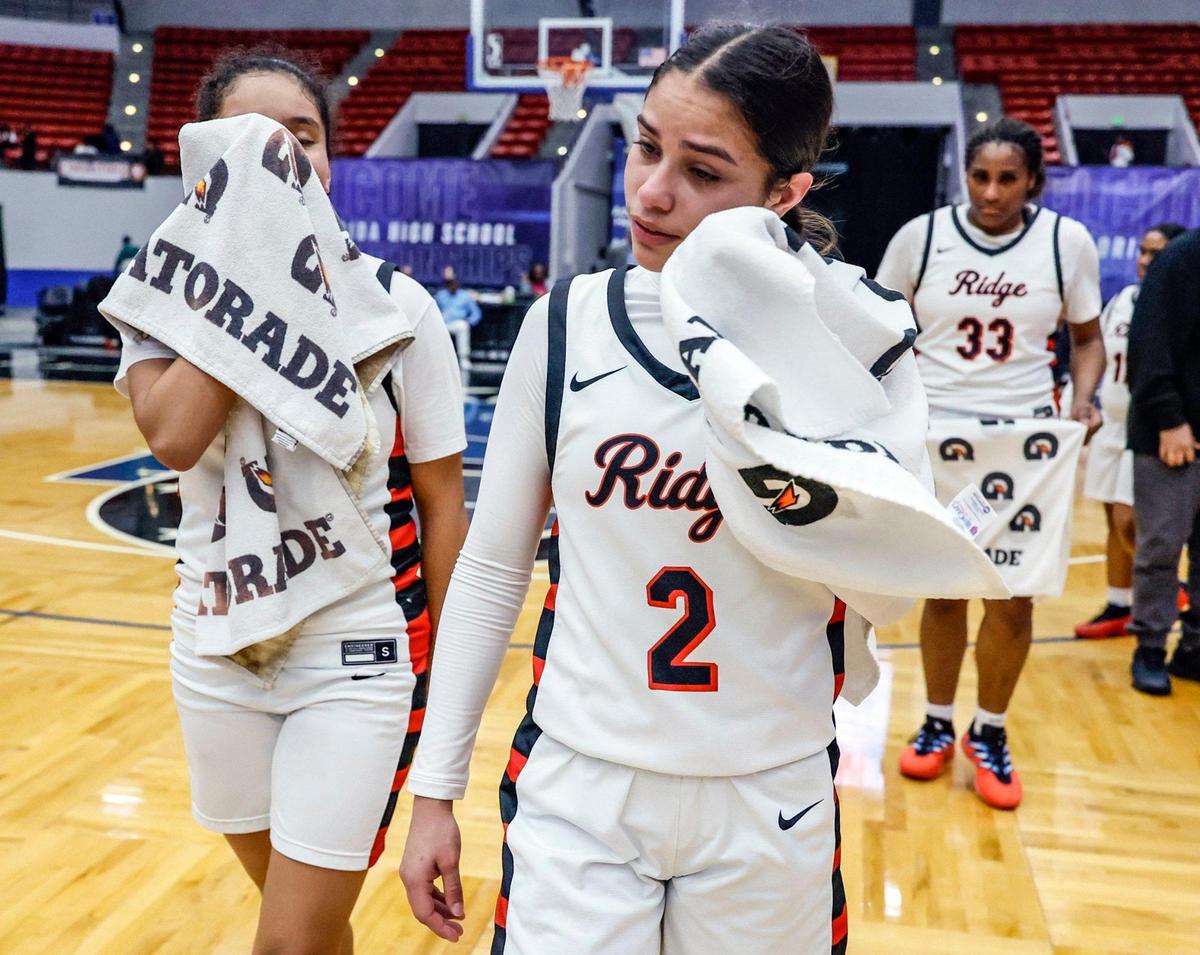 Southridge Spartans’ Dianka Hardisson (2) reacts as she walks off the court with teammates after being defeated by Bloomingdale for the FHSAA Class 6A Girls High School Basketball State Championship at the RP Funding Center in Lakeland, Florida on Saturday, March 8, 2025.