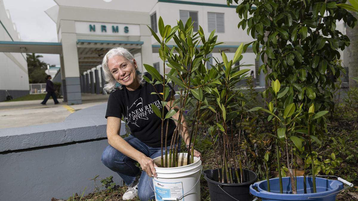 Elizabeth Fahy, the magnet coordinator and a marine science teacher, is photographed at one of her school's farms where mangroves are grown at New River Middle School on Thursday, Jan. 22, 2026, in Fort Lauderdale, Fla.